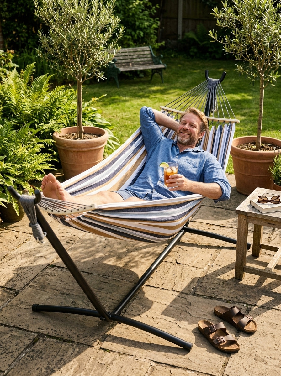 Customer in garden with steel stand