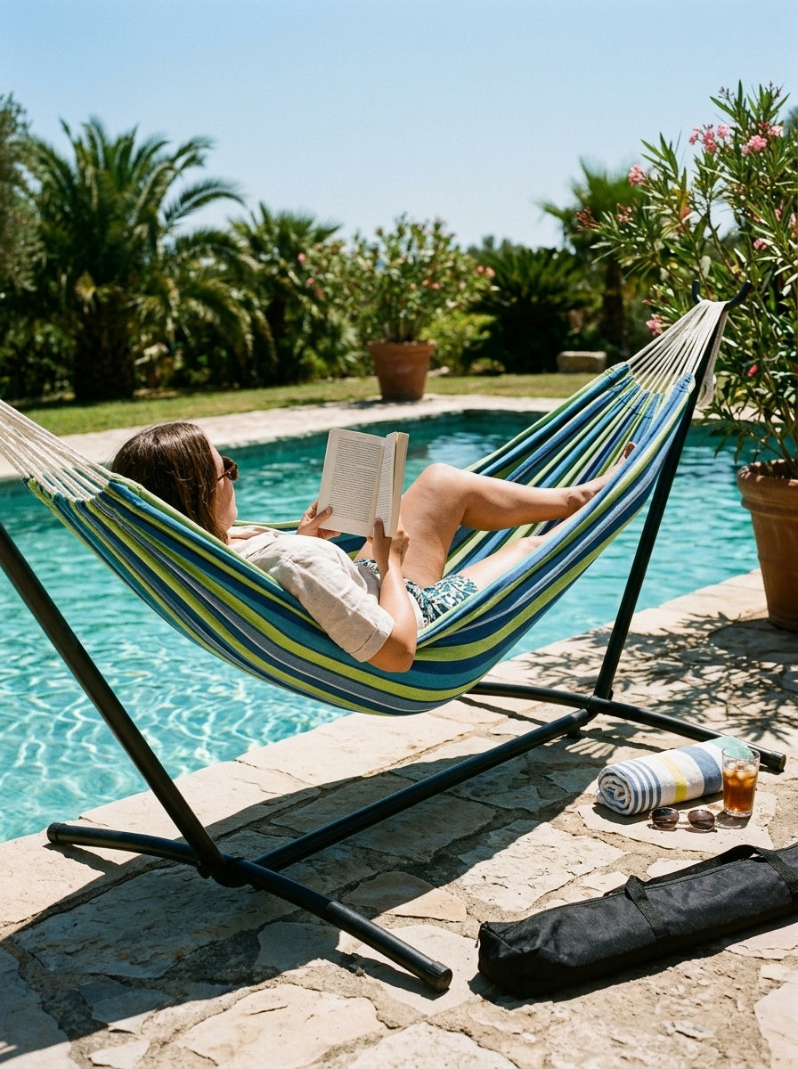 Customer by pool in Blue Green hammock