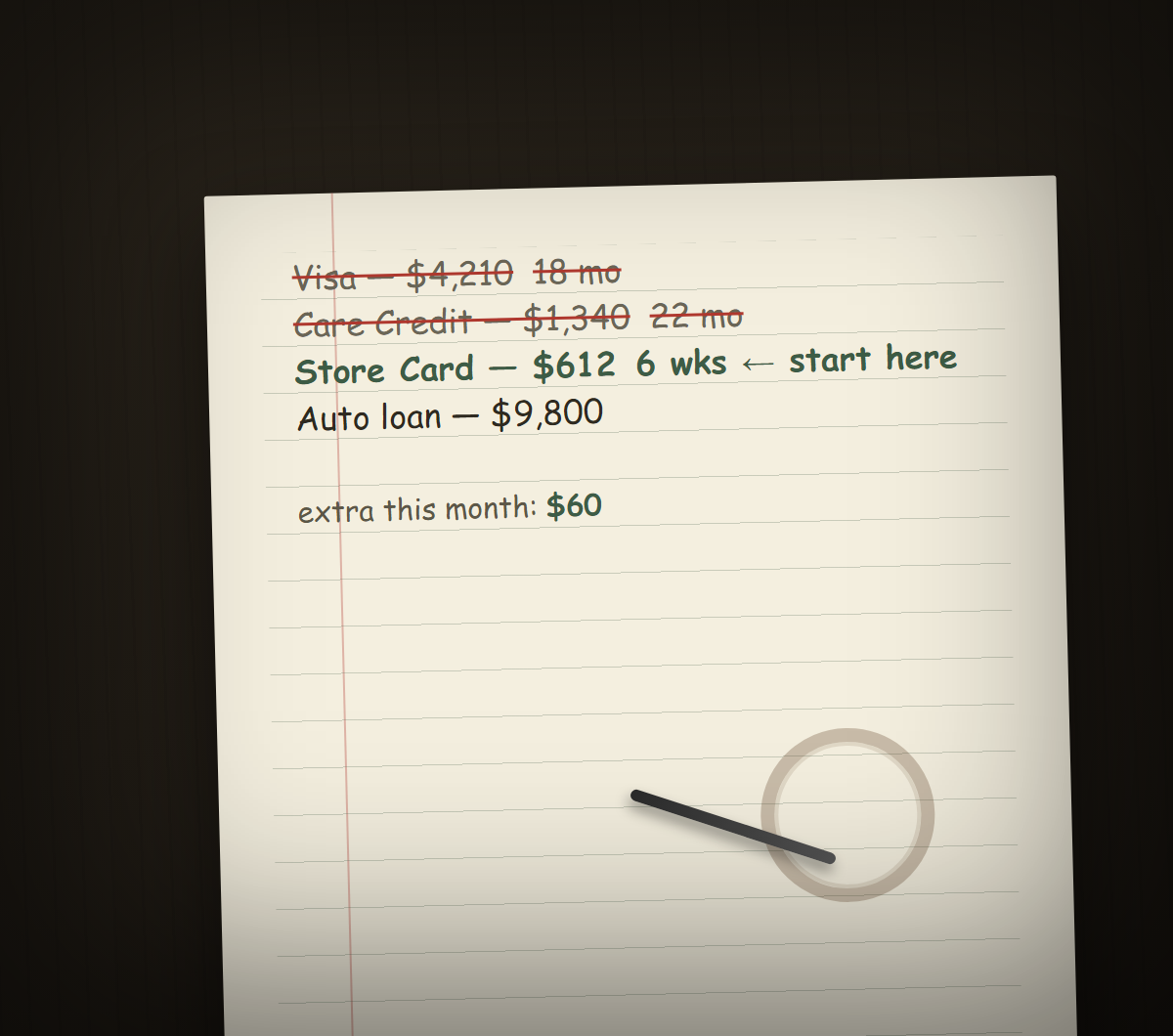 Debt payoff notebook with crossed out entries