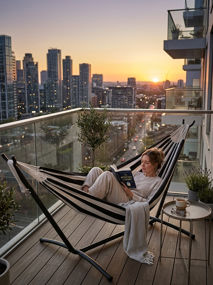 Customer on balcony watching sunset