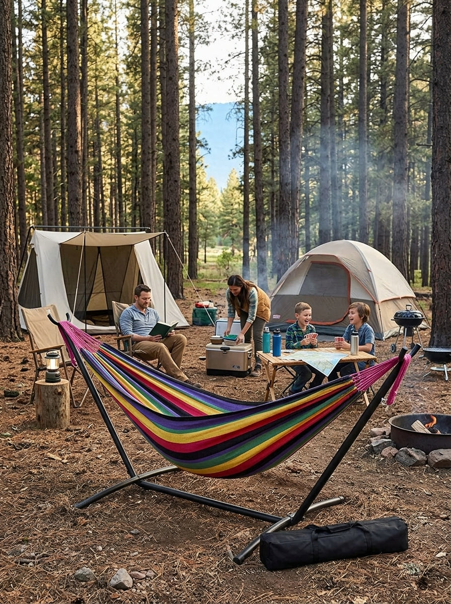 Family camping with hammock